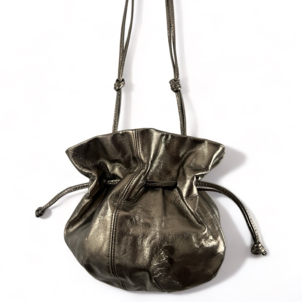 CROWN LEWIS Mid Century Metallic Nickel  Silver Leather Vintage Drawstring Purse